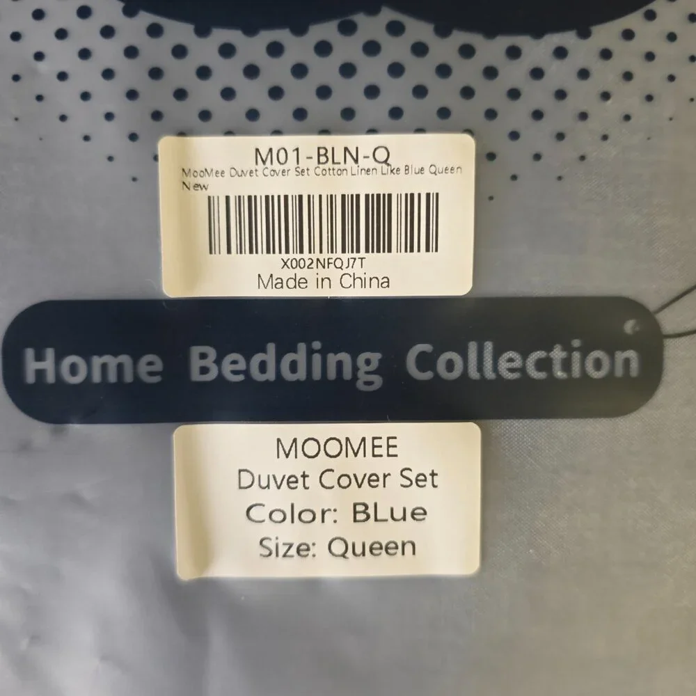 MooMee Queen Duvet Cover Set Blue 100% Washed Cotton Breathable Bedding NEW